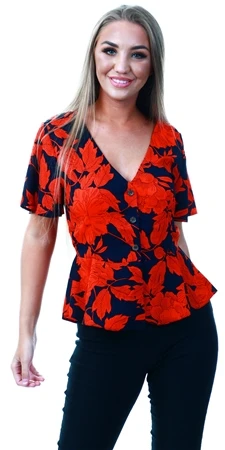 Brave Soul Navy Orange Floral Pattern Short Sleeve Top