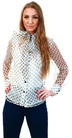 Parisian Beige Polka Dot Organza Pussy Bow Button Up Front Long S