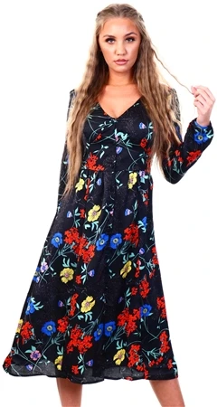 Brave Soul Black Floral Midi Long Sleeve Dress