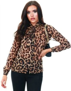 Parisian Black Animal Print Neck Tie Blouse