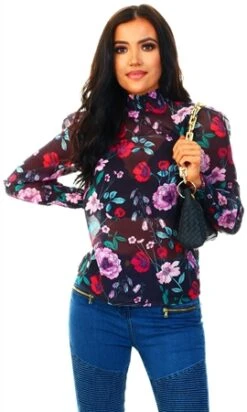 Parisian Floral Print Mesh Blouse