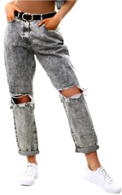 Parisian Grey Acid Distressed Turn Up Boyfriend Jean