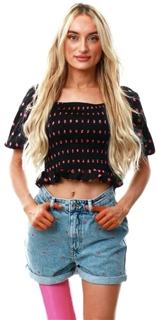 Brave Soul Black/Pink Spot Puff Sleeve Polka Top