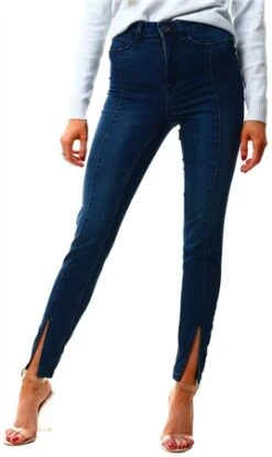 Noisy May Dark Blue Denim Nmcallie Front Ankle Slit High Waisted Jeans
