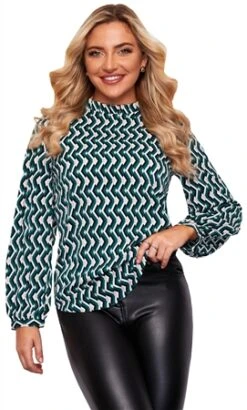 Girl In Mind Emerald Geo Print Alda Pleated Collar Top