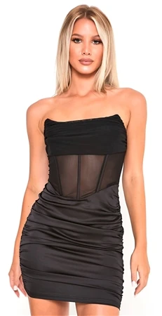 Saint Genies Black Mesh Remi Drape Front Ruched Satin Corset Dress