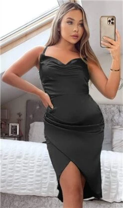 Ax Paris Black Pleated Wrap Cowl Neck Satin Midi Dress -Deals The Lush Dresses Store 25440 2