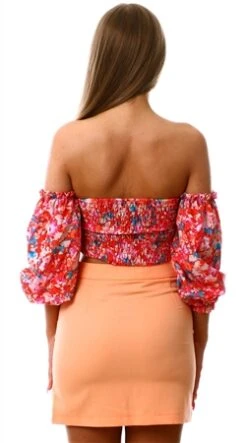 Parisian Red Lilac Floral Puff Sleeeve Bardot Crop Top -Deals The Lush Dresses Store 25534 3