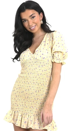 Brave Soul Cream / Purple Floral Peggy Rouched Dress