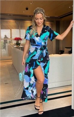 Girl In Mind Turquoise Floral Farrah Split Hem Frill Detail Maxi Dress -Deals The Lush Dresses Store 25955 2