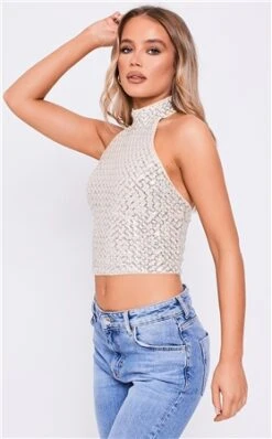Saint Genies Nude Halterneck Sequins Top -Deals The Lush Dresses Store 27023 2