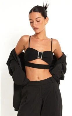 Motel Black Elenia Buckle Detail Crop Top