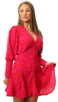 Ax Paris Pink Red V-Neck Long Sleeve Skater Dress