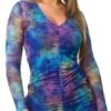 Vivichi Blue Tie Dye Mesh Ruched Long Sleeve Dress