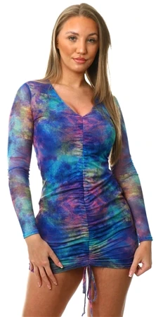 Vivichi Blue Tie Dye Mesh Ruched Long Sleeve Dress