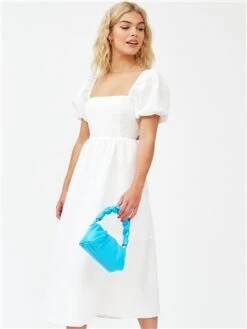The Frolic White Short Puff Sleeve Midi Dress