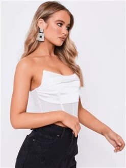 Saint Genies White Faye Satin Drape Front Mesh Detail Corset Top -Deals The Lush Dresses Store 28043 2