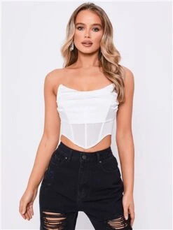 Saint Genies White Faye Satin Drape Front Mesh Detail Corset Top