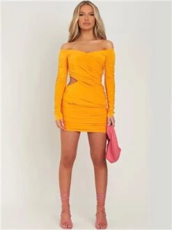 Missy Empire Orange Viola Bardot Wrap Ruched Mini Dress -Deals The Lush Dresses Store 28138 2