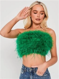Saint Genies Green Mya Strapless Feather Crop Top