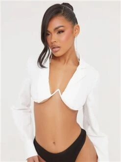 Ego White Long Sleeve Open Back Underwired Cropped Shirt