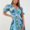 Girl In Mind Blue / Green Elise Puff Sleeves Gold Buckle Skater Dress