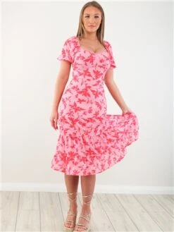 Parisian Pink Puff Sleeve Midi Dress -Deals The Lush Dresses Store 28343 2