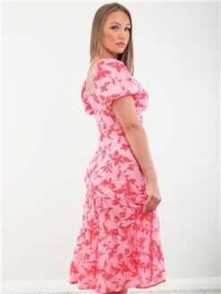 Parisian Pink Puff Sleeve Midi Dress -Deals The Lush Dresses Store 28343 3