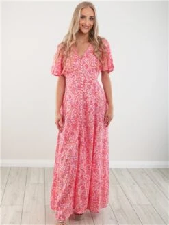 Qed Pink Pattern Button Thru Maxi Dress -Deals The Lush Dresses Store 28451 2