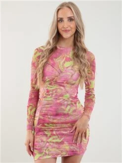 Vivichi Pink Print Mesh Ruched Dress