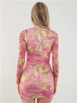 Vivichi Pink Print Mesh Ruched Dress -Deals The Lush Dresses Store 28454 3