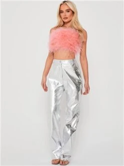 Saint Genies Silver Alix Metallic High Waisted Wide Leg Trousers -Deals The Lush Dresses Store 28502 2