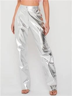 Saint Genies Silver Alix Metallic High Waisted Wide Leg Trousers