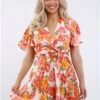 Ax Paris Pink Floral Wrap Top Belted Skater Dress