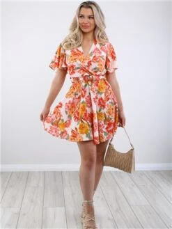 Ax Paris Pink Floral Wrap Top Belted Skater Dress -Deals The Lush Dresses Store 28578 2