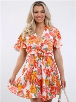 Ax Paris Pink Floral Wrap Top Belted Skater Dress