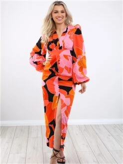 Girl In Mind Orange Balloon Sleeve Print Dress -Deals The Lush Dresses Store 28586 2