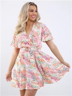 Ax Paris Floral Wrap Top Belted Skater Dress