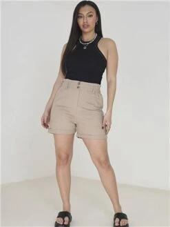 Brave Soul Stone Solid Button Up Elasticated Waist Shorts -Deals The Lush Dresses Store 28627 2