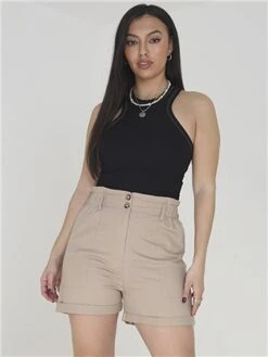 Brave Soul Stone Solid Button Up Elasticated Waist Shorts