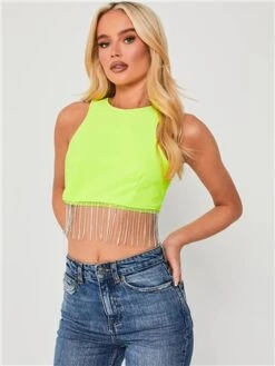 Saint Genies Lime Green Beatrix Diamante Fringe Racer Shape Crop Top
