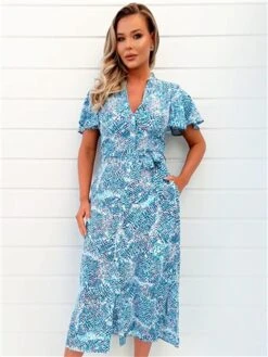 Ax Paris Blue Printed Belted Button Up Shirt Dress