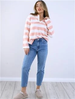 Saint Genies Pink/White Stripe Long Sleeve Collar Top -Deals The Lush Dresses Store 28777 2
