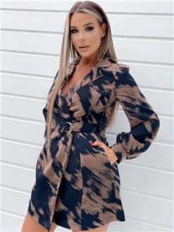Ax Paris Brown And Navy Printed Long Sleeve Wrap Mini Dress -Deals The Lush Dresses Store 28847 2