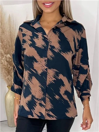 Ax Paris Brown And Navy Printed Ruched Sleeve Shirt 2 Ax Paris Brown And Navy Printed Ruched Sleeve Shirt - Image 2
