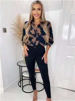 Ax Paris Brown And Navy Printed Ruched Sleeve Shirt 6 Ax Paris Brown And Navy Printed Ruched Sleeve Shirt -Deals The Lush Dresses Store 28848 2