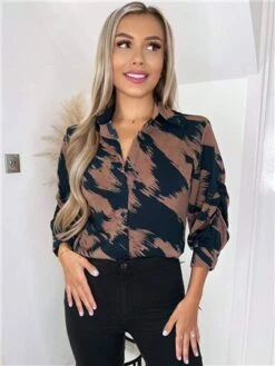 Ax Paris Brown And Navy Printed Ruched Sleeve Shirt