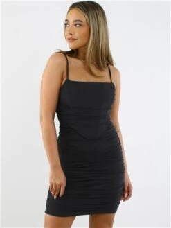 Saint Genies Black Milly Boned Detail Ruched Bodycon Mini Dress