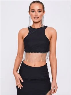 Saint Genies Black Beatrix Diamante Fringe Racer Shape Crop Top