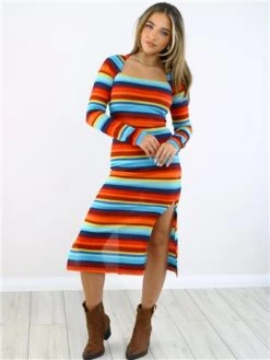 Saint Genies Blue / Red / Yellow Stripe Midi Knit Dress -Deals The Lush Dresses Store 28883 2